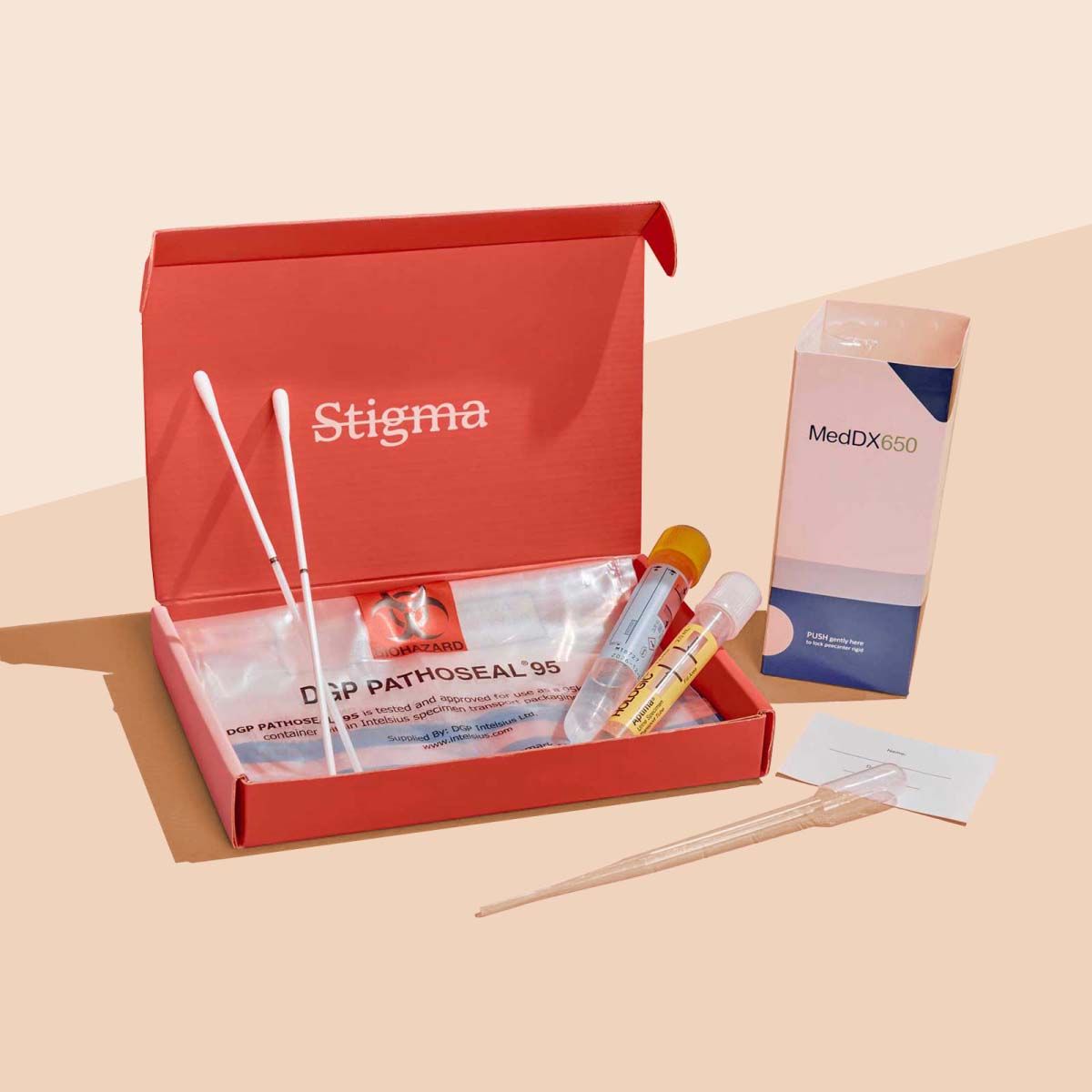 A Wisp diagnostics box with sample collection supplies on a cream surface