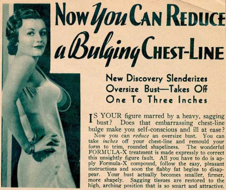 An offensive vintage ad to reduce a bulging chest line