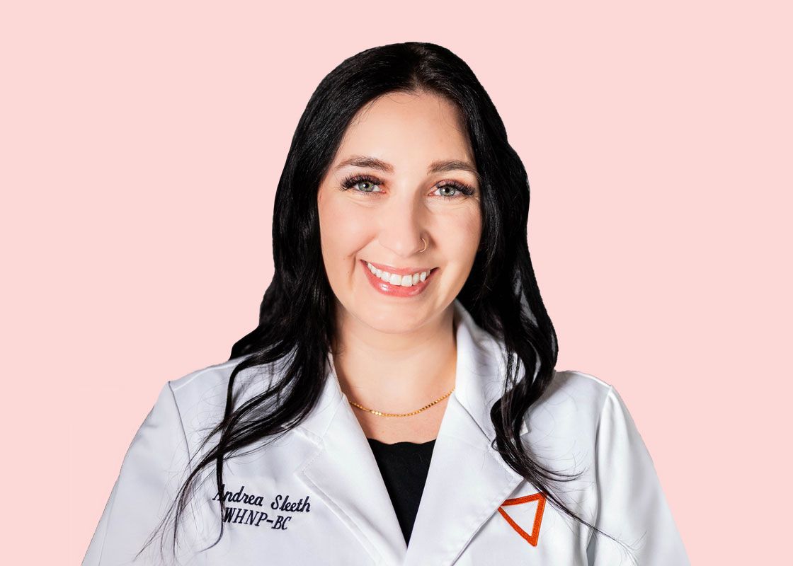 Andrea Sleeth, WHNP-BC wearing a white lab coat in front of a pink background