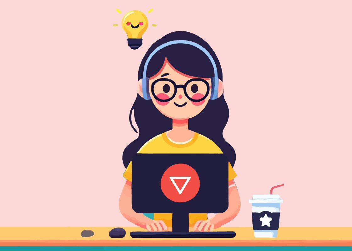 Digital illustration of Kathleen Morrison sitting at a desk with a Wisp computer in front of a pink background