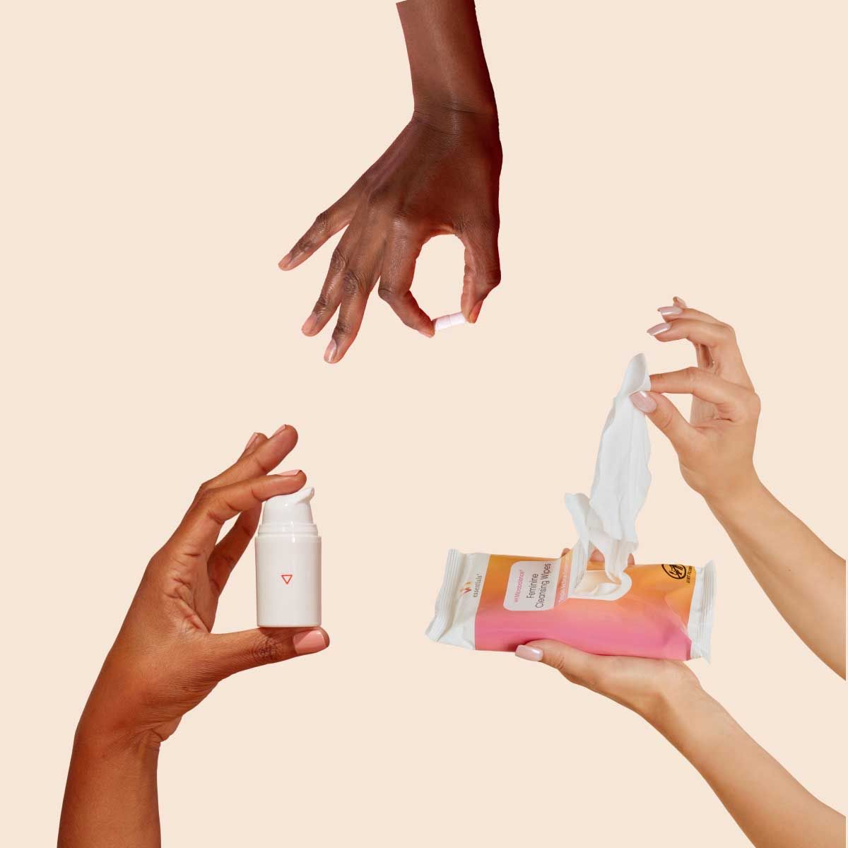 Various Wisp products in people's hands with a cream background