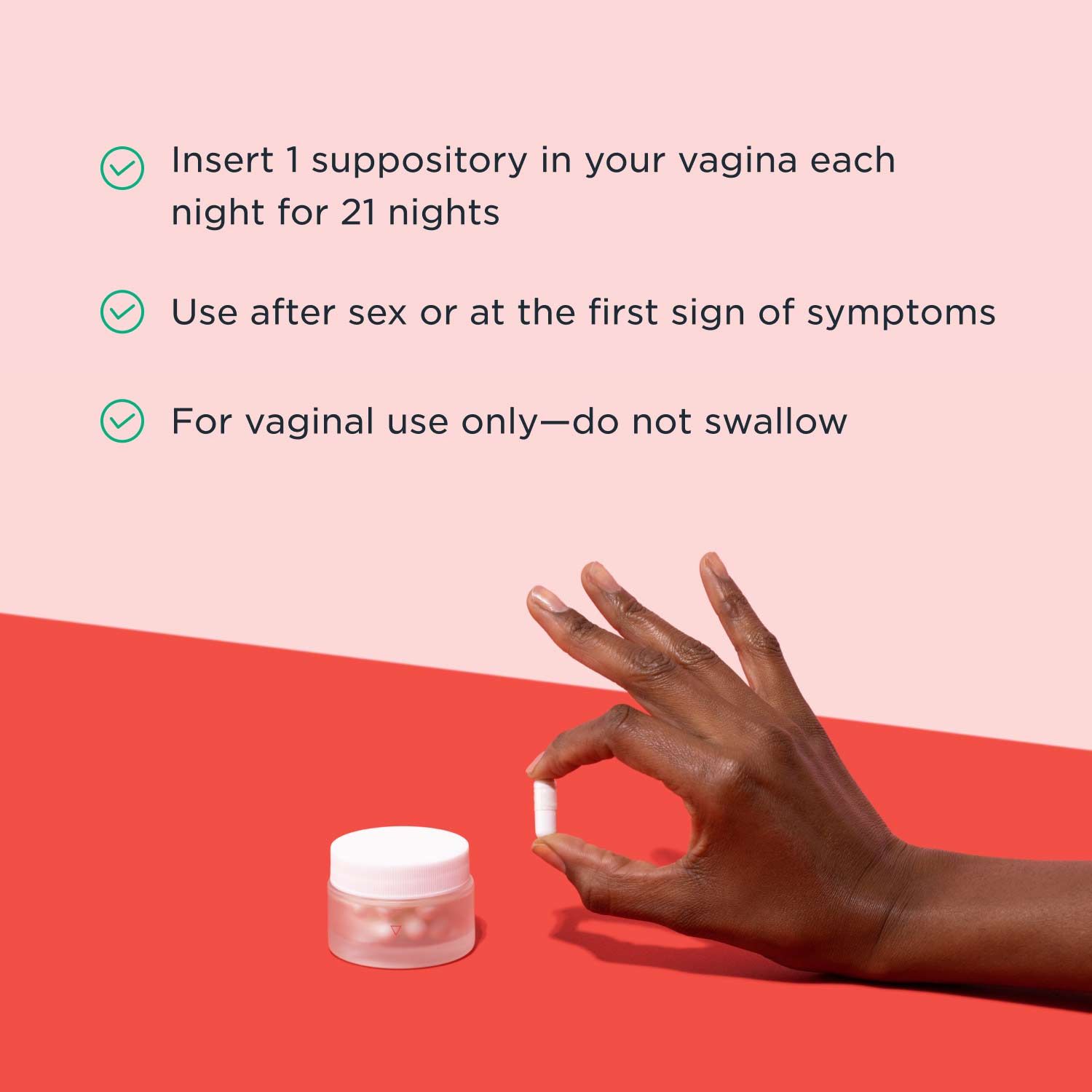 A graphic explaining how to use Boric Acid suppositories with an image of a hand holding a Boric Acid pill next to a small glass pill jar on a red surface with a pink background
