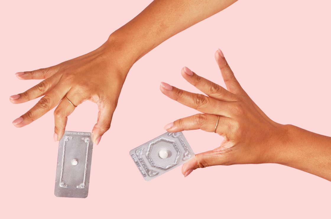 hands holding Plan B and Ella emergency contraception on a pink background