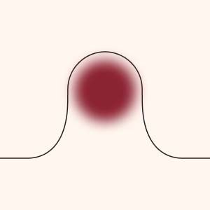 An illustration of a fuzzy burgundy dot and thin black linework
