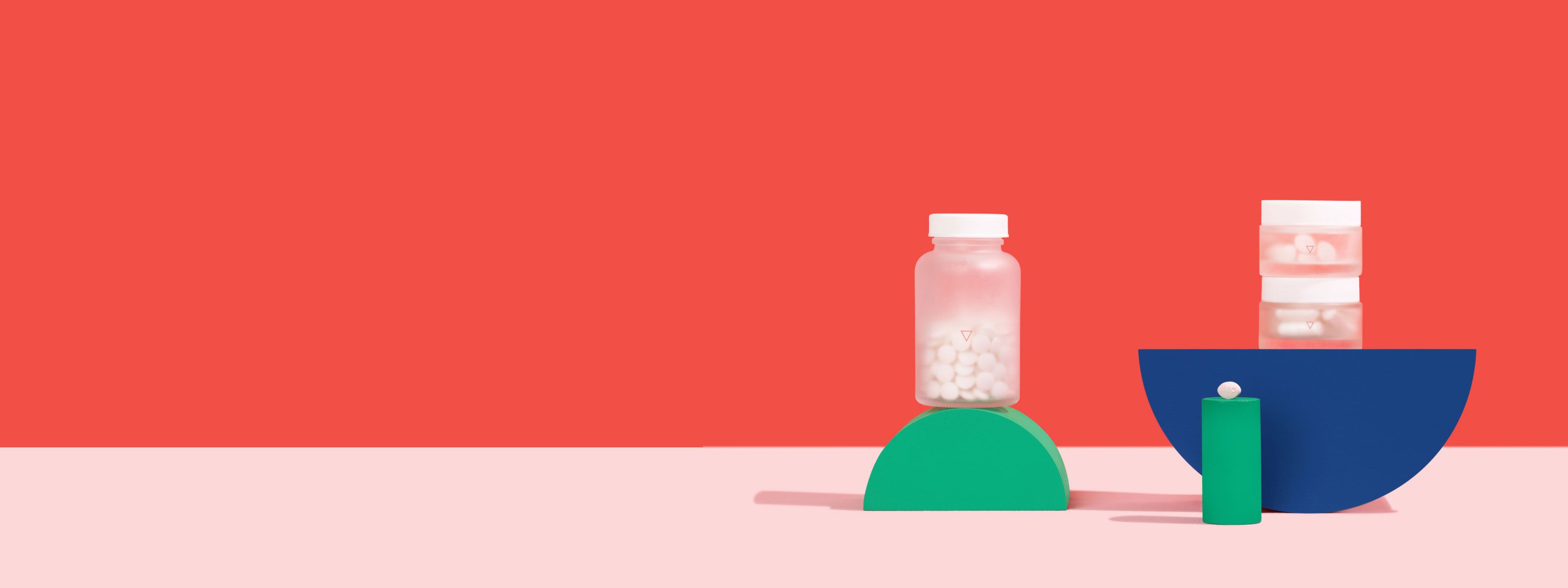 Wisp yeast infection medications with colorful abstract shapes on a red and pink background