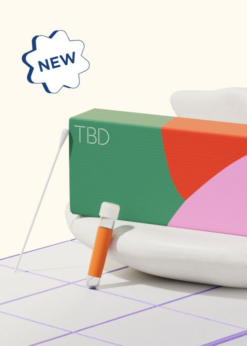 A TBD shipping box with a test tube and swab on a tile surface with a yellow background