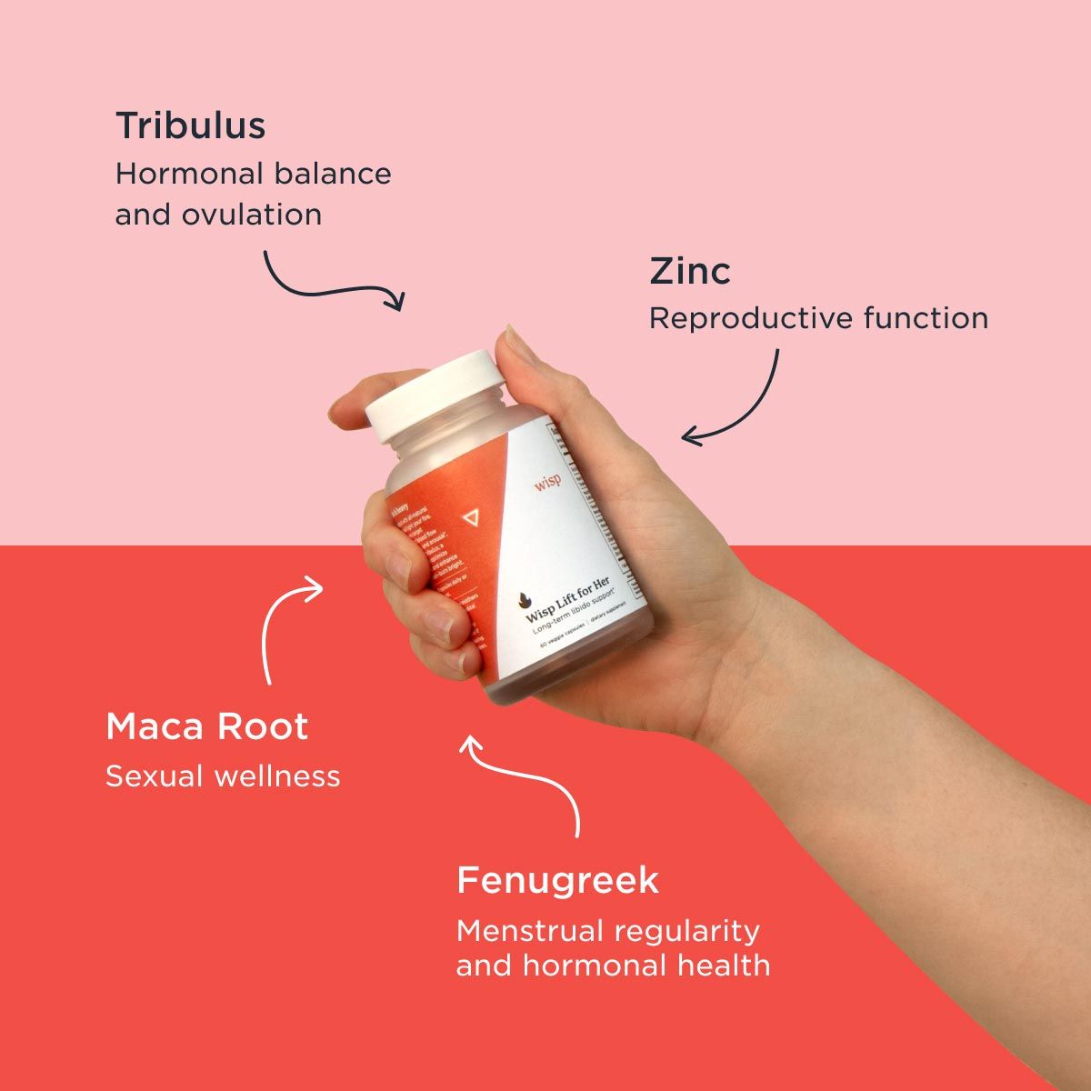 A woman's hand holding a bottle of Wisp Lift for Her with ingredient callouts