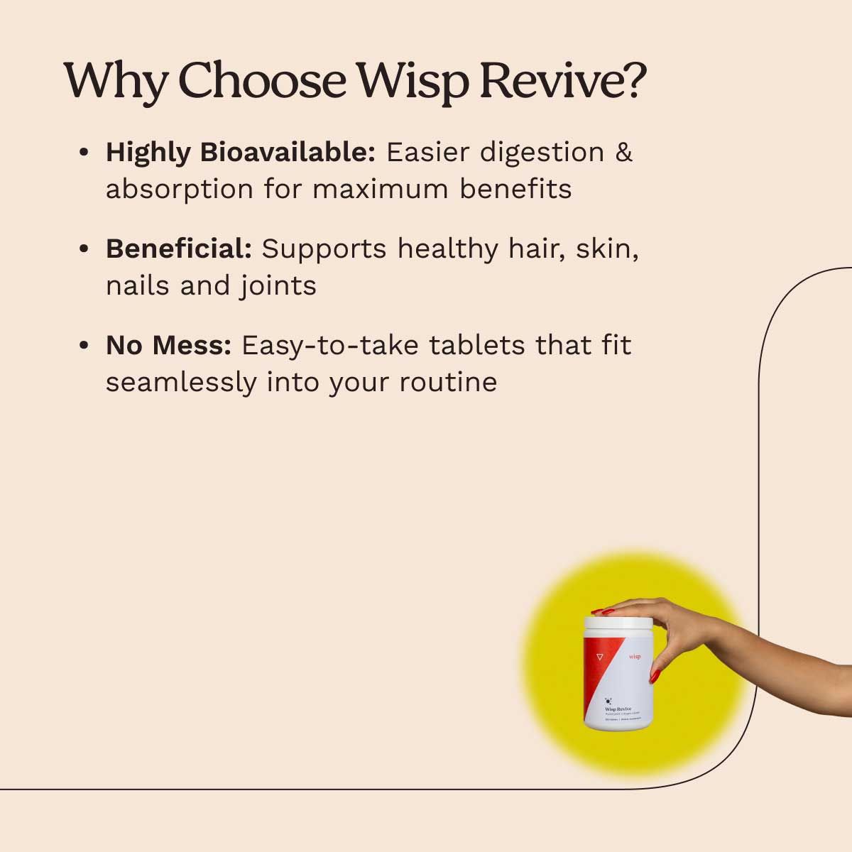 A woman's hand holding Wisp Revive Collagen with callouts about the products benefits