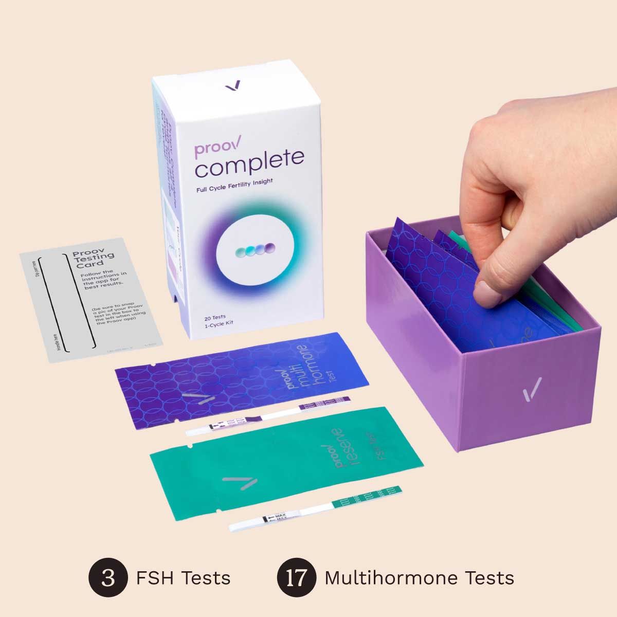 Proov Complete Testing Kit with 3 FSH tests and 17 Multihormone tests on a cream surface
