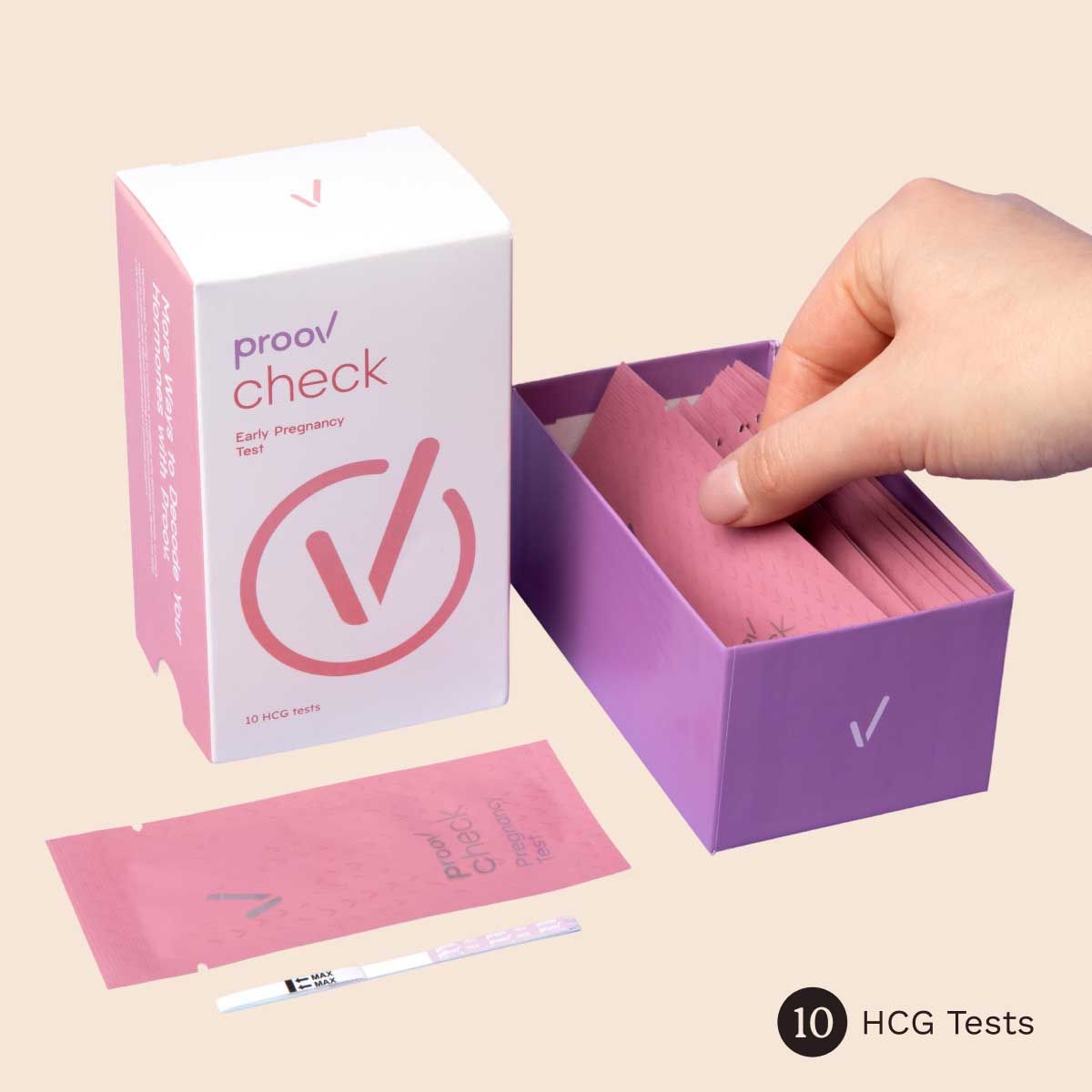 Proov HCG Testing kit on a cream surface