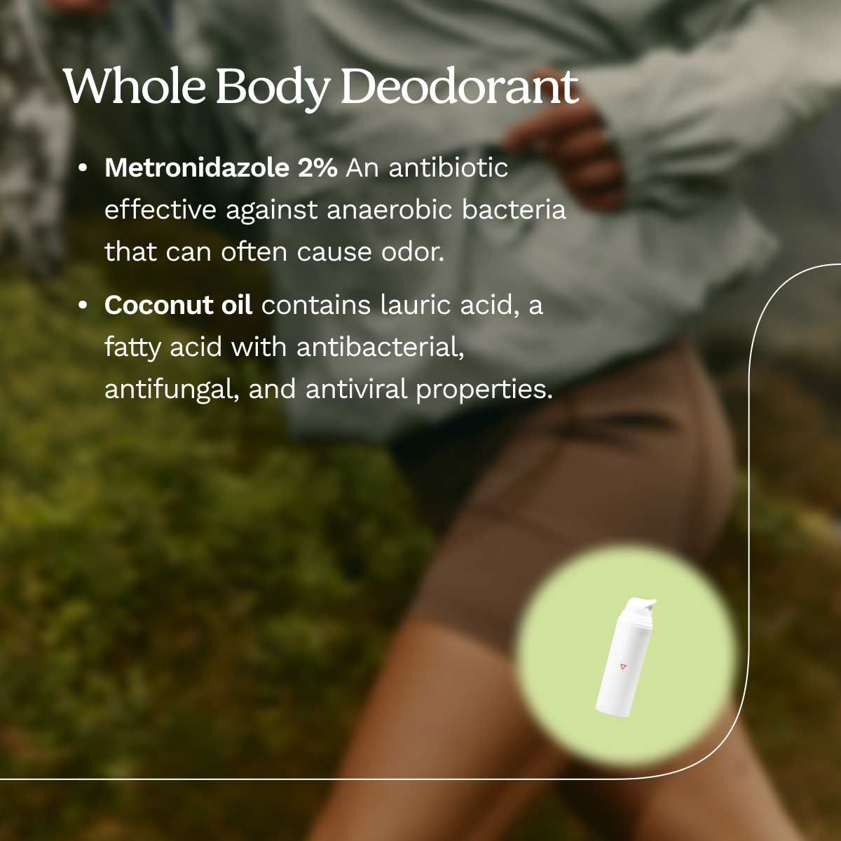 An ingredient spotlight graphic highlighting the primary ingredients in Wisp's Whole Body Deodorant with ambient imagery in the background