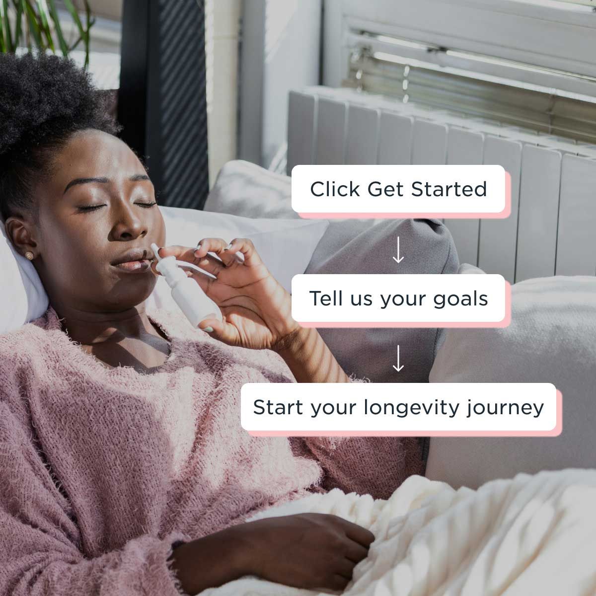 A woman relaxing on a sofa while using a nasal spray with information about taking Wisp's longevity quiz outlined