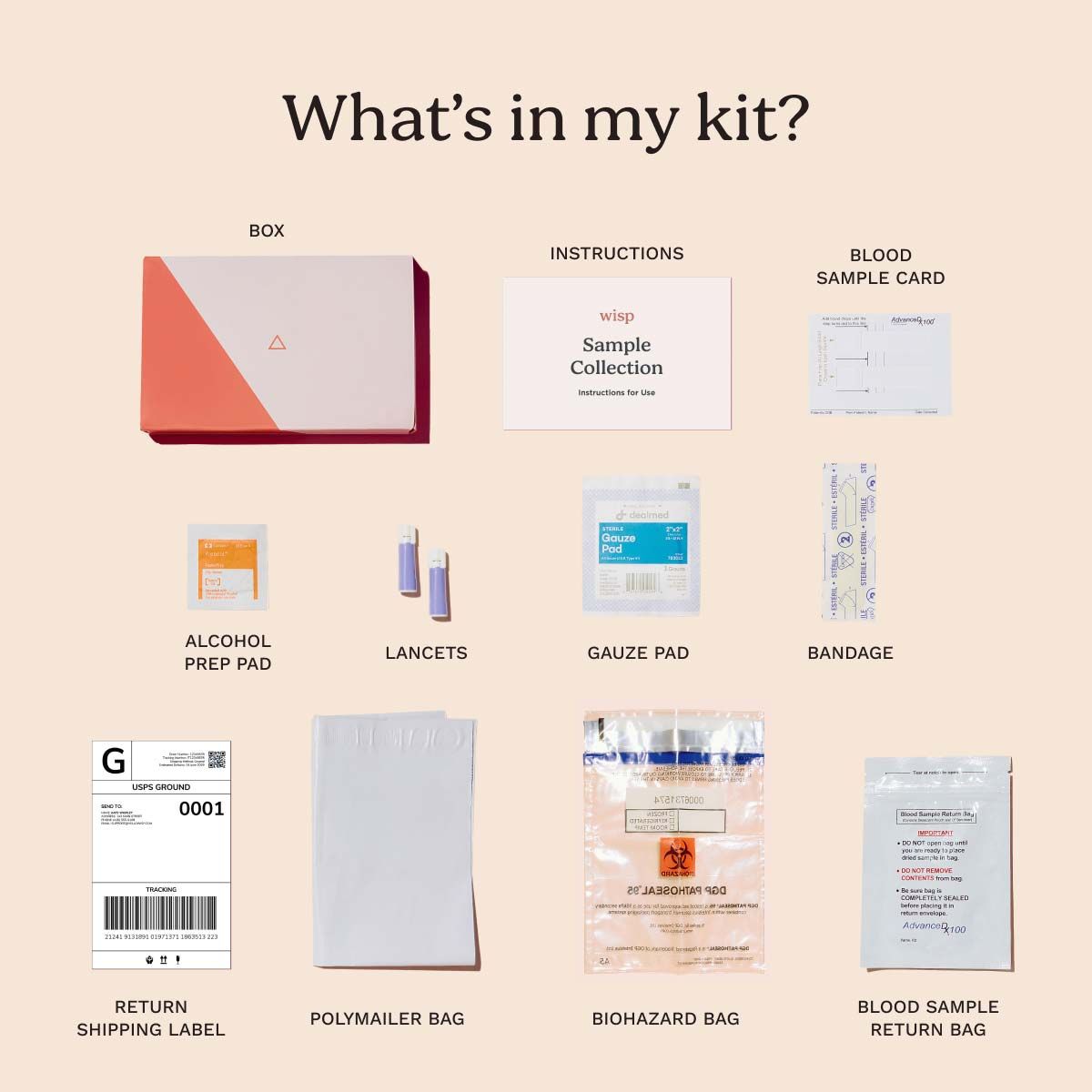 a diagram showing every item in the Wisp at-home blood testing kits