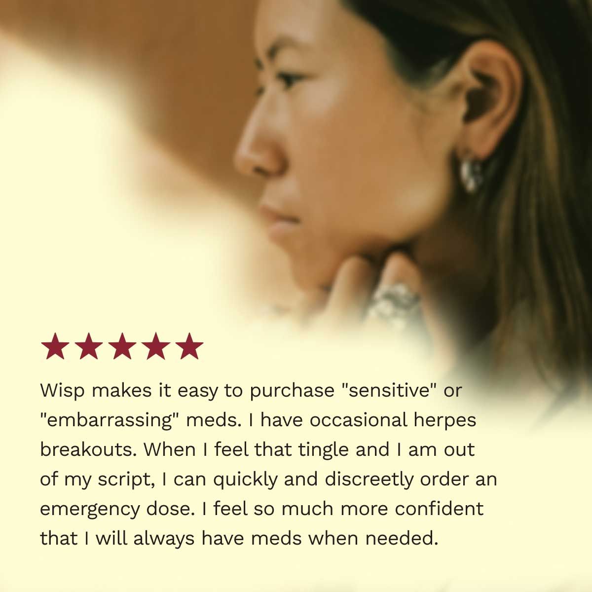 5 star customer review for Herpes treatment with a contemplative woman in the background