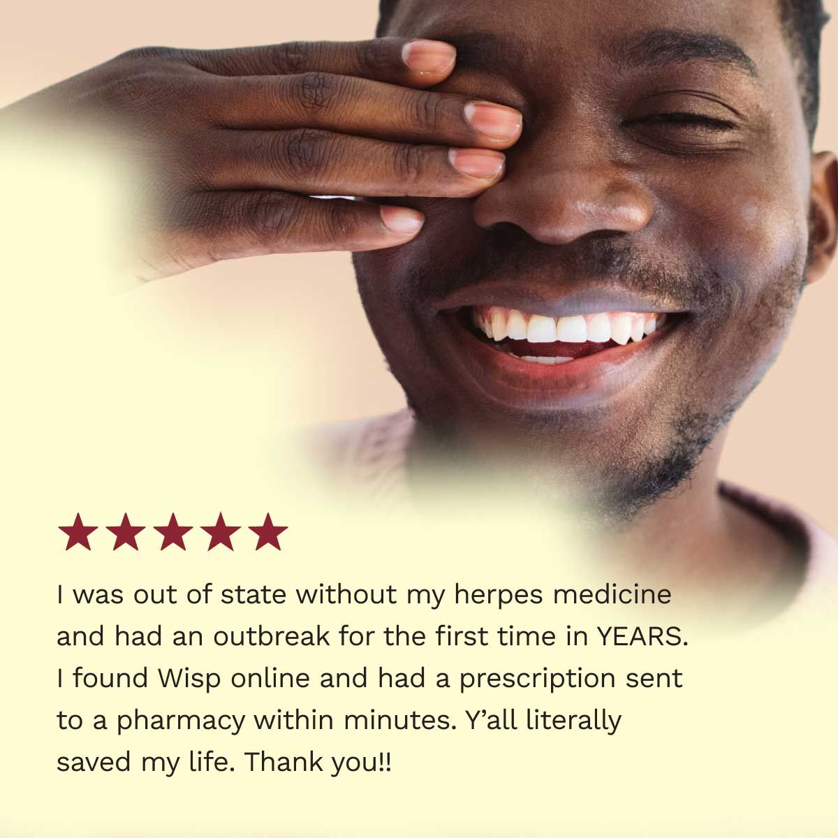 5 star customer review for Herpes Treatment with a smiling man in the background