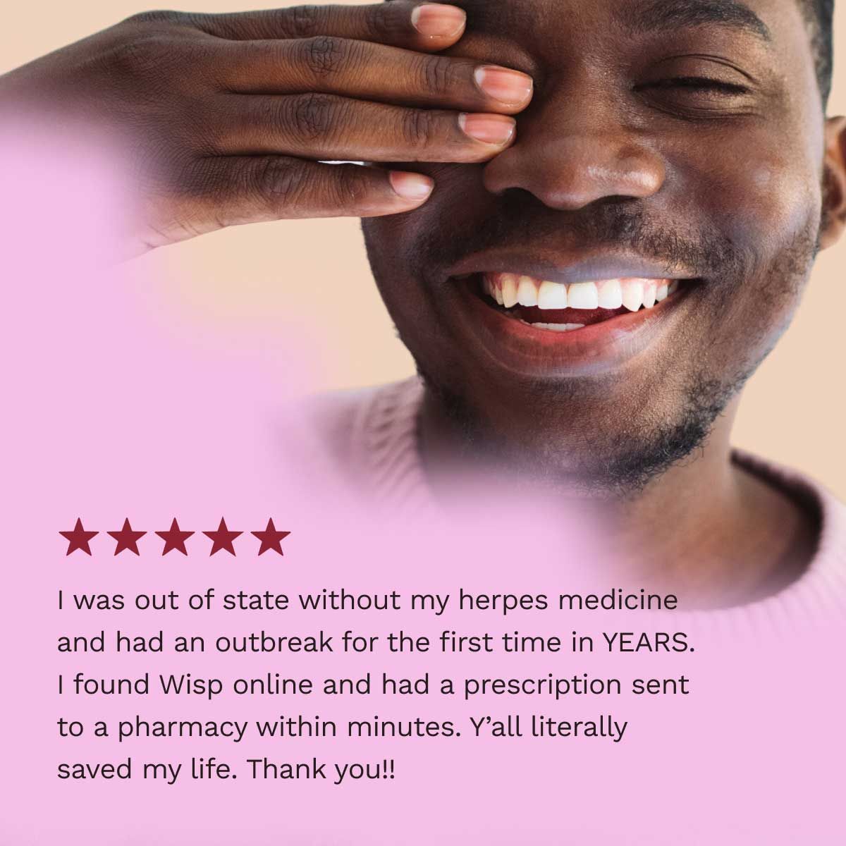 5 star customer review for herpes treatment a smiling man in the background