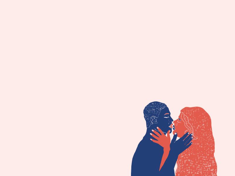 An illustration by Laxmi Hussain of a blue man and red woman with with their hands on each other's faces in an intimate gesture