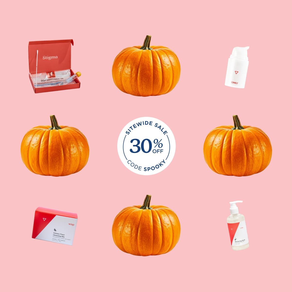 Pumpkins and various Wisp products with a pink background