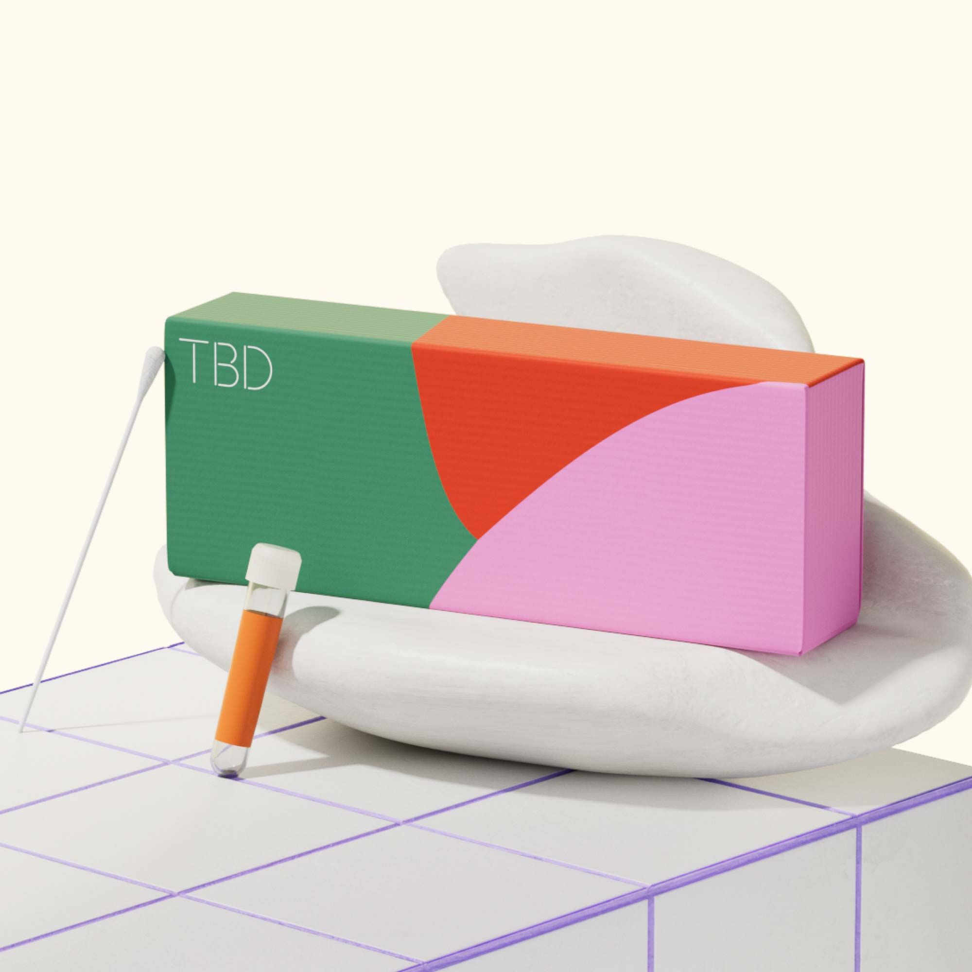 A TBD Health box with a swab and test tube on a tile surface