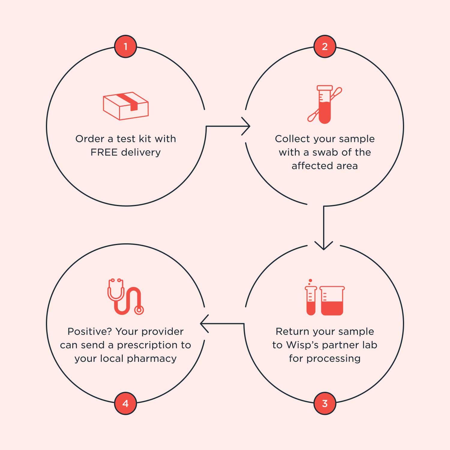 a graphic with illustrations and instructions explaining the steps in order a testing kit and submitting it for analysis