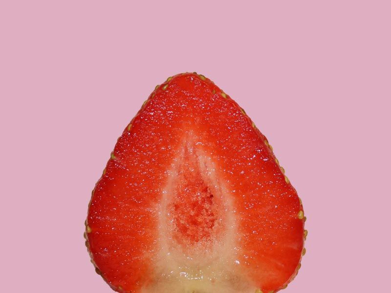 A cut open vulva shaped strawberry with a purple background