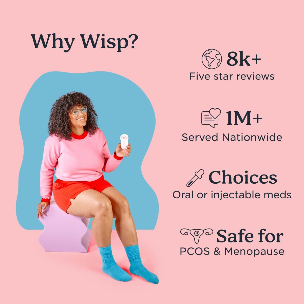 A woman holding a Wisp pill vial is smiling and wearing a pink sweater, red shorts, and teal socks while sitting on a purple nightstand with multiple Wisp USPs listed on the graphic