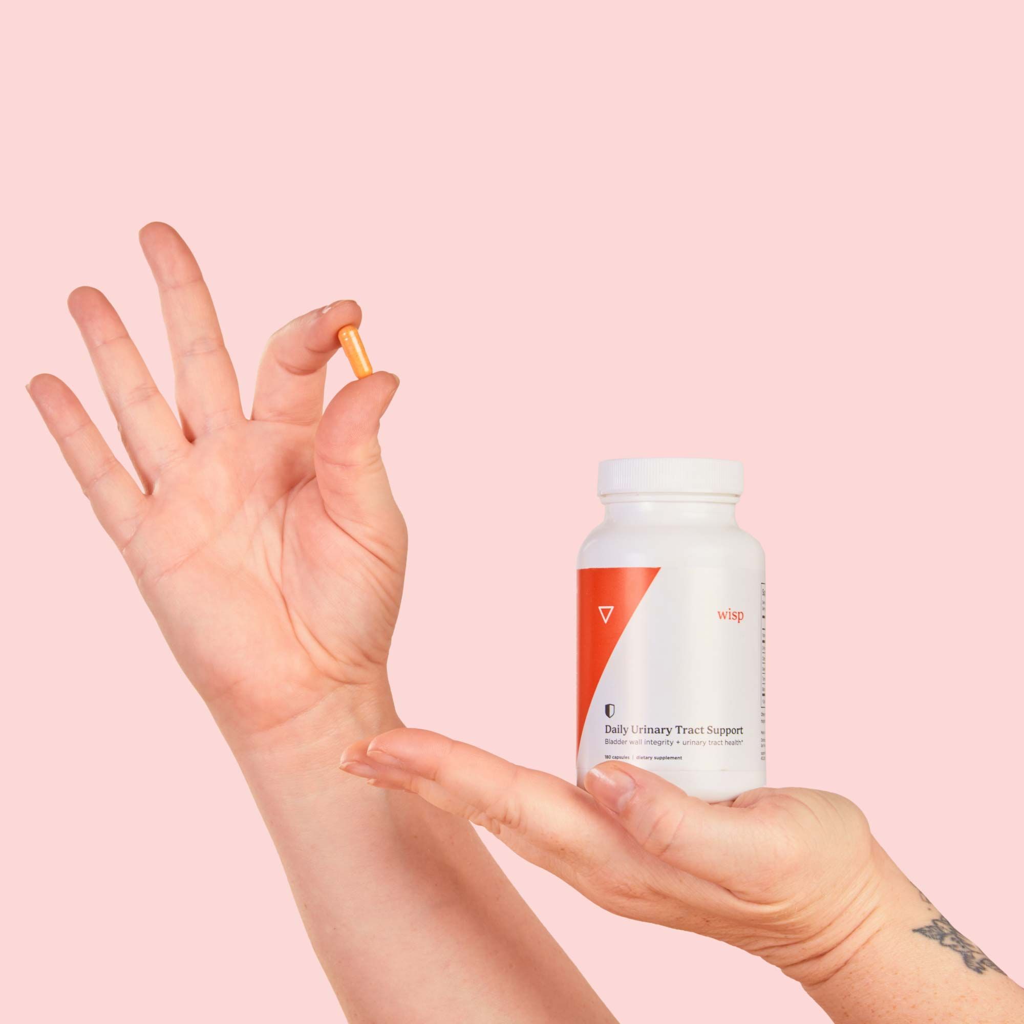 A woman's hands holding Wisp Urinary Tract Support Capsules and a pill bottle in front of a pink background