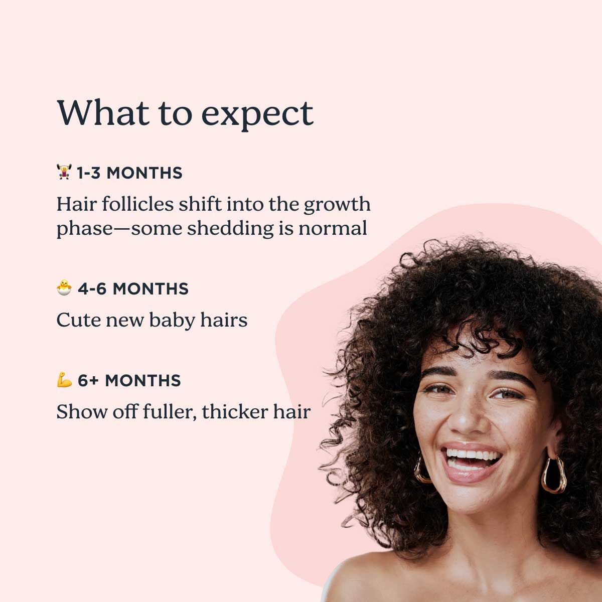 A smiling woman with thick curly hair with a pink background and information about hair growth with continued use of minoxidil