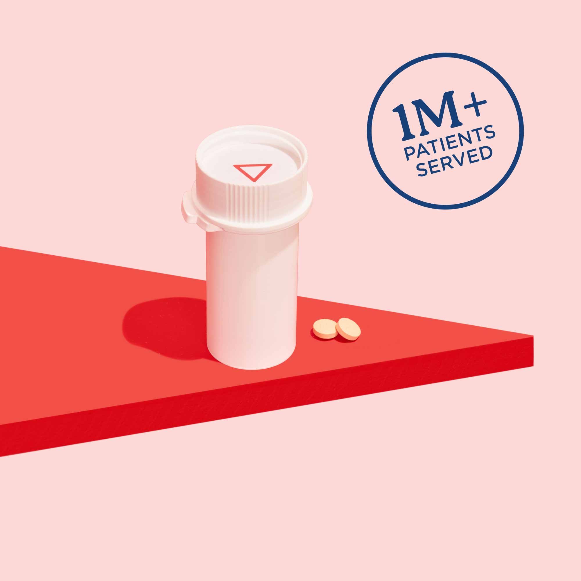 doxypep bottle on a red platform with a 1M+ patients served call-out