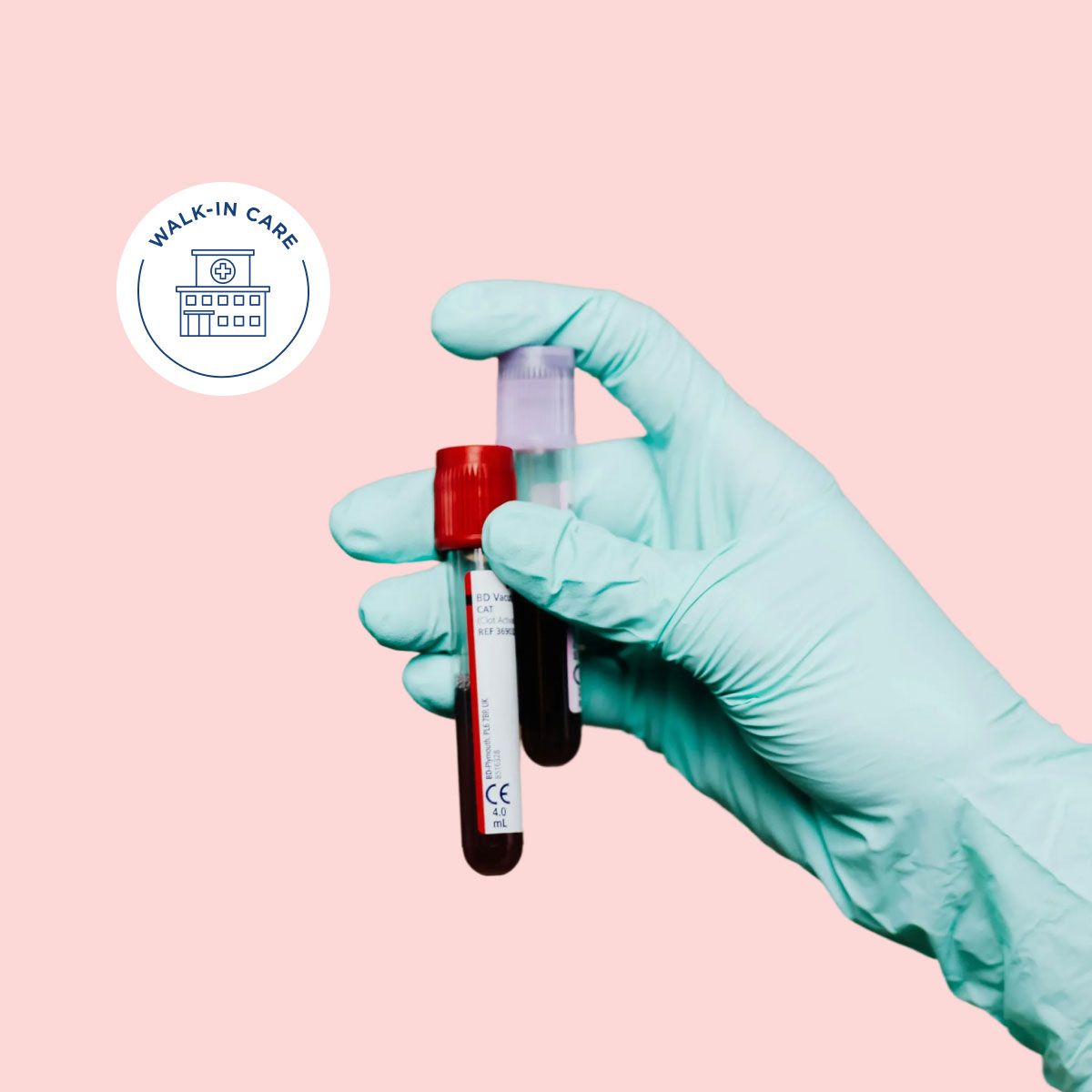 A gloved hand holding two vials of blood with a pink background
