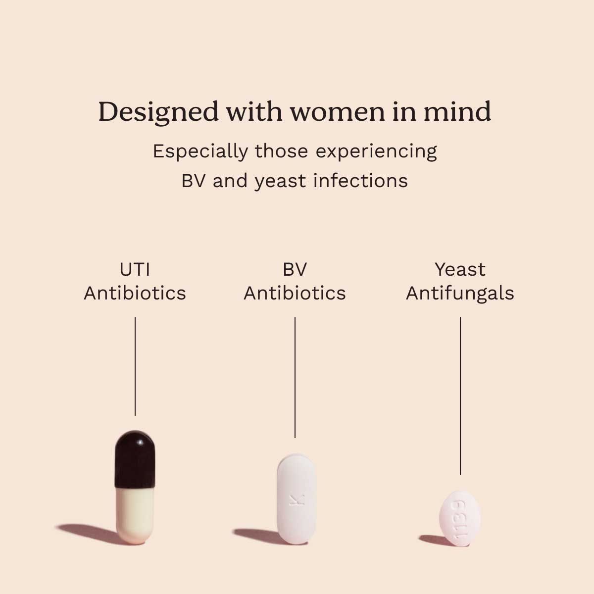 3 Vaginal Health pills on a pink surface with descriptive text