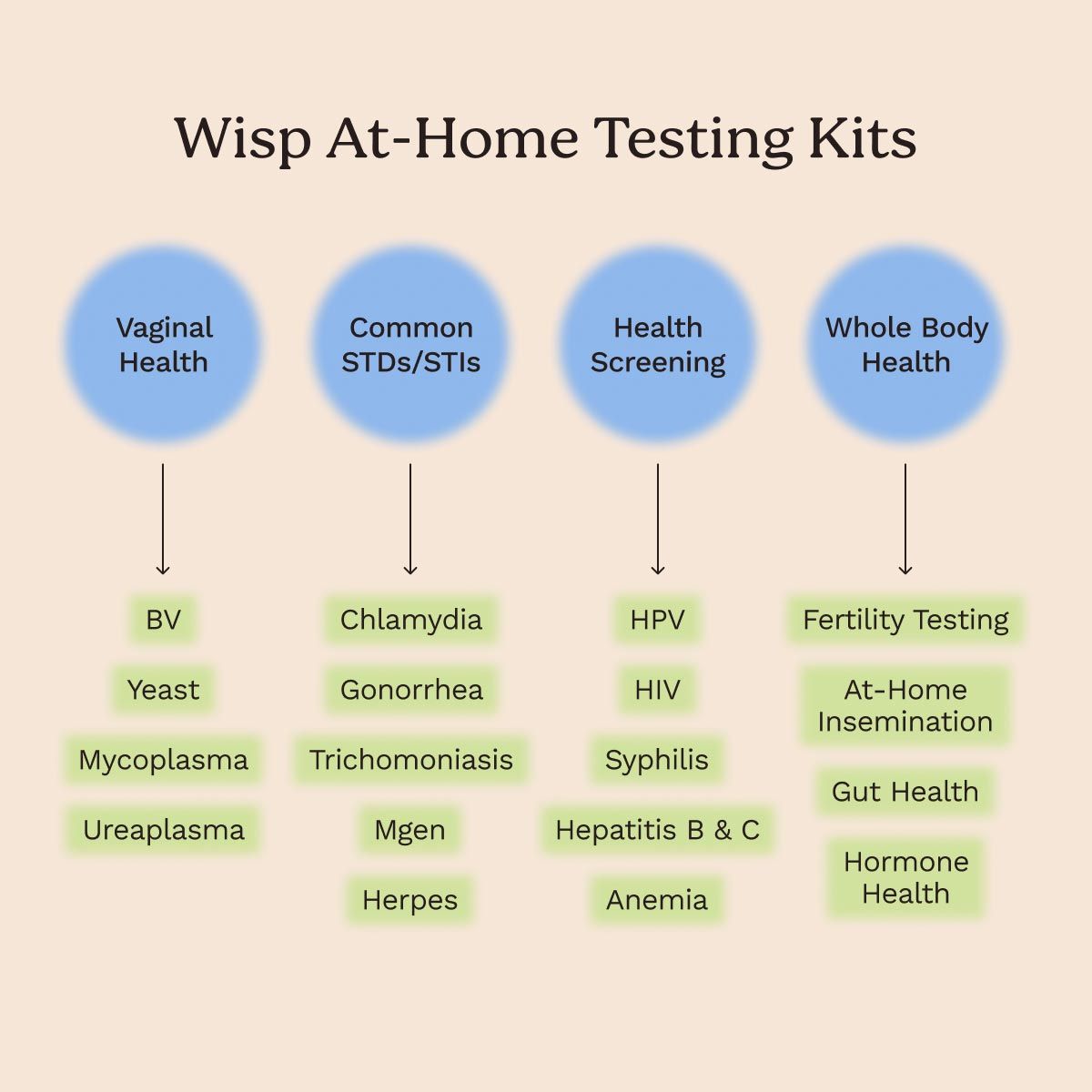 A diagram showing the different types of at-home diagnostic testing kits that Wisp offers