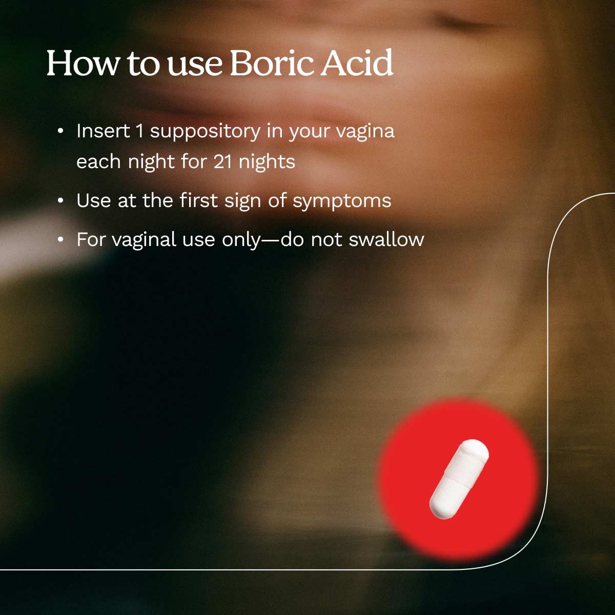 A graphic explaining how to use Boric Acid suppositories with ambient imagery in the background