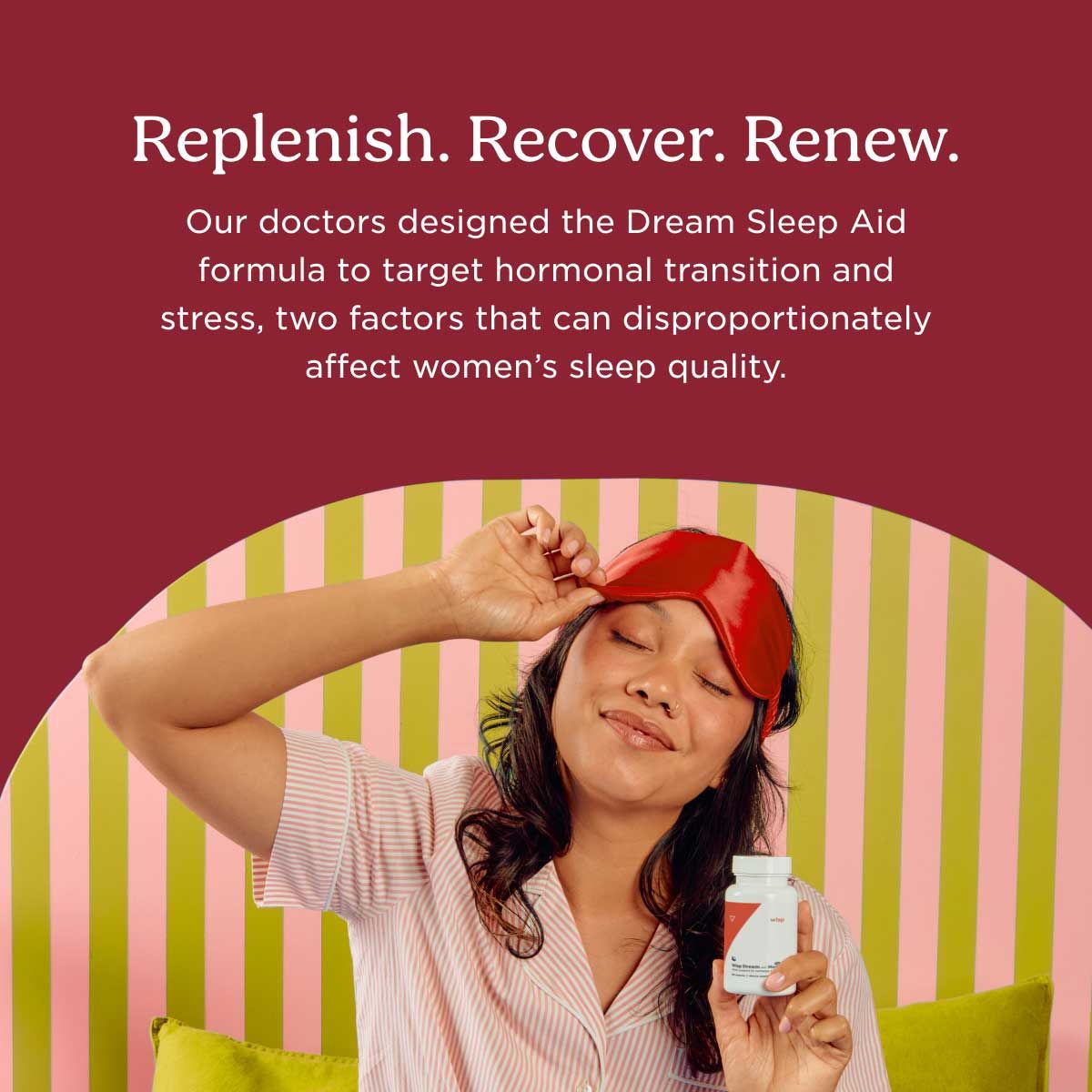 A woman wearing pajamas and sitting on a bed is holding a bottle of Wisp Dream Sleep Supplement