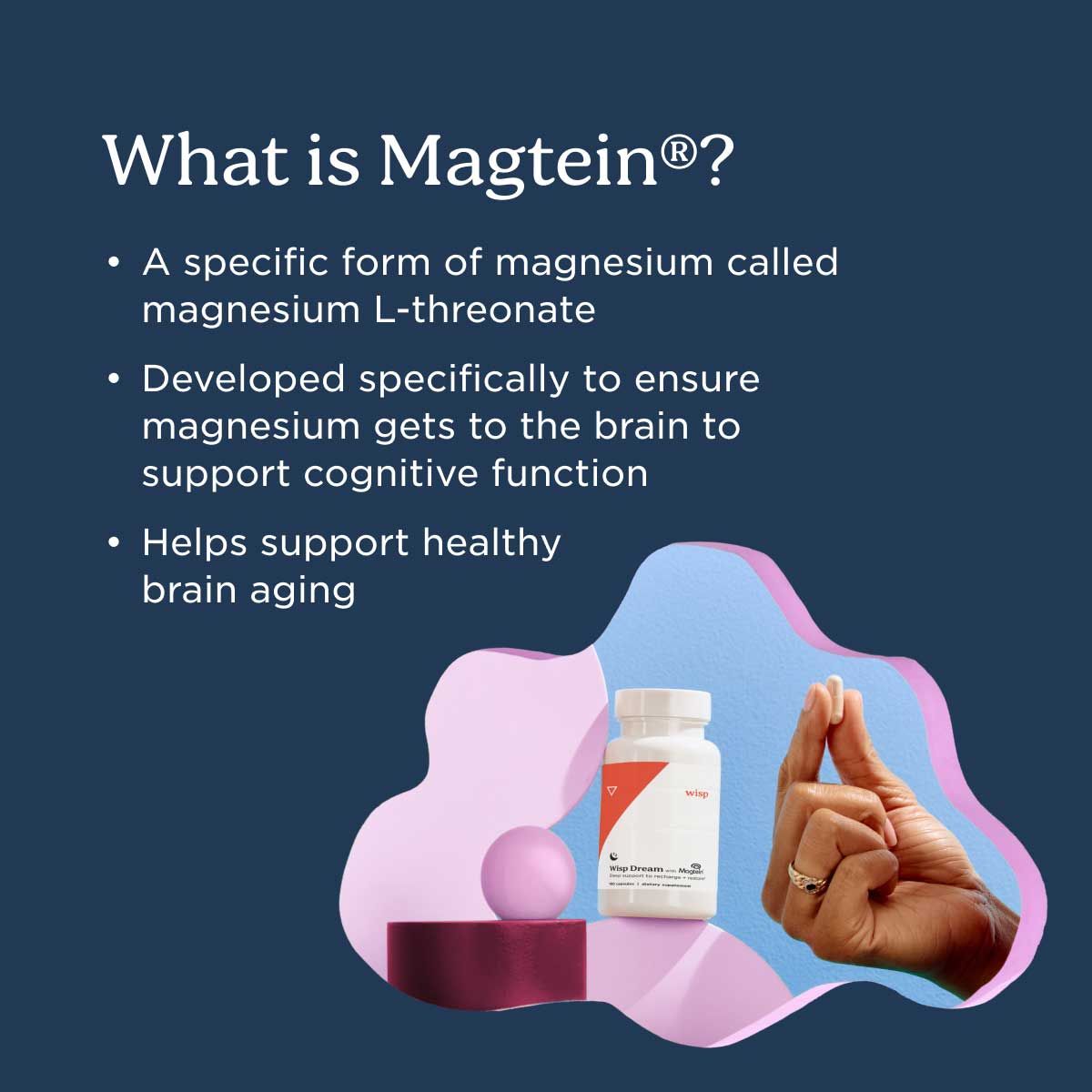 A woman's hand holding a capsule inside of a cloud shaped cutout next to a bottle of Wisp Dream Sleep Supplements