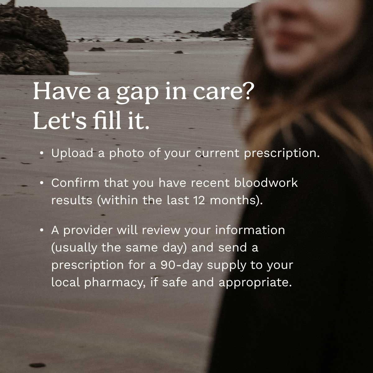 A smiling woman on a beach with motion blur and info about Levothyroxine prescription from Wisp