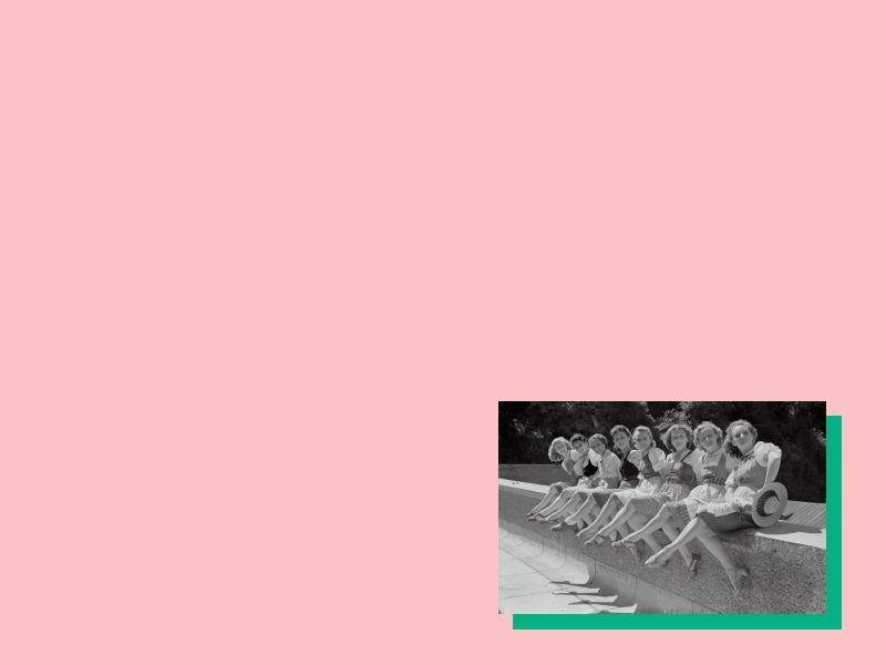 A vintage ad of 8 women sit with their legs crossed on a concrete ledge