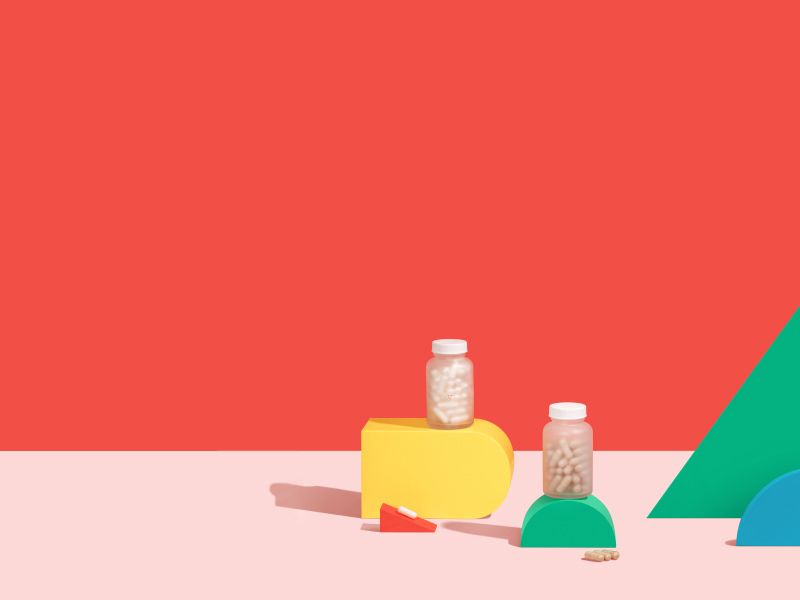 Wisp Herpes Medication with colorful abstract shapes in a red and pink background