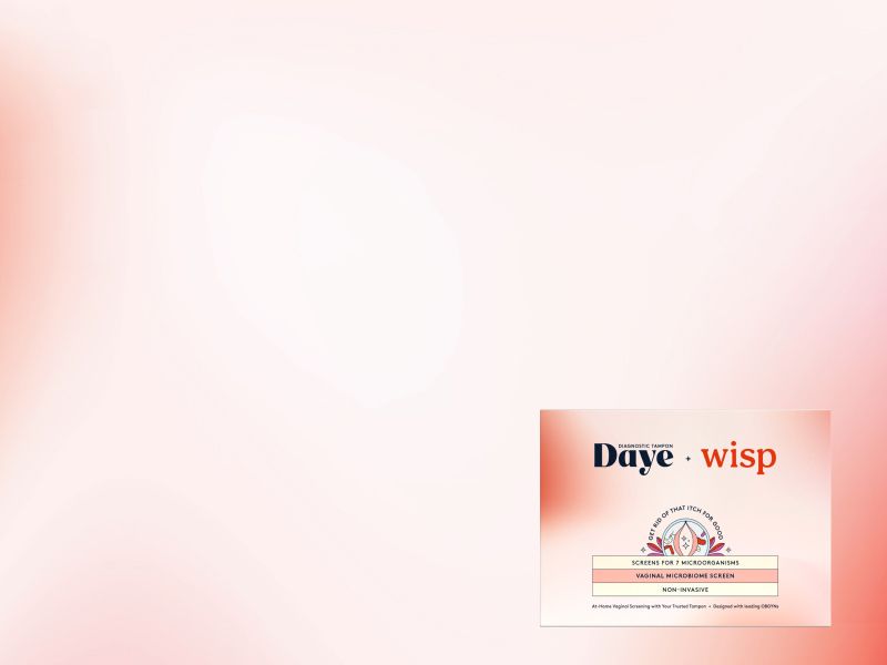 Daye Vaginal Microbiome Screen box and tampon on a red and pink gradient background