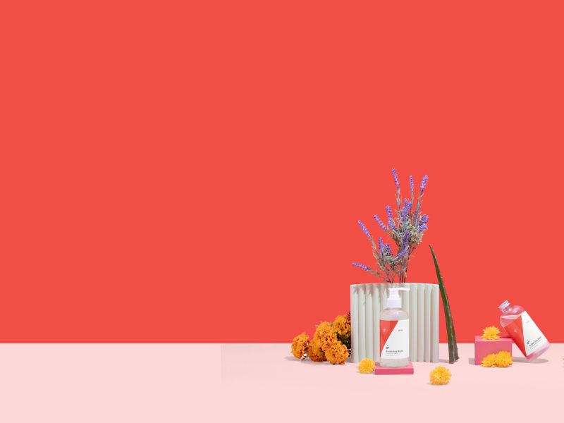 Two bottles of Balancing Wash balanced on colorful abstract shapes with lavender, Aloe Vera and Marigold on a red and pink background