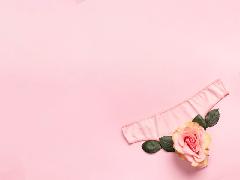 Pair of pink underwear with pink flower on top of it with a light pink background
