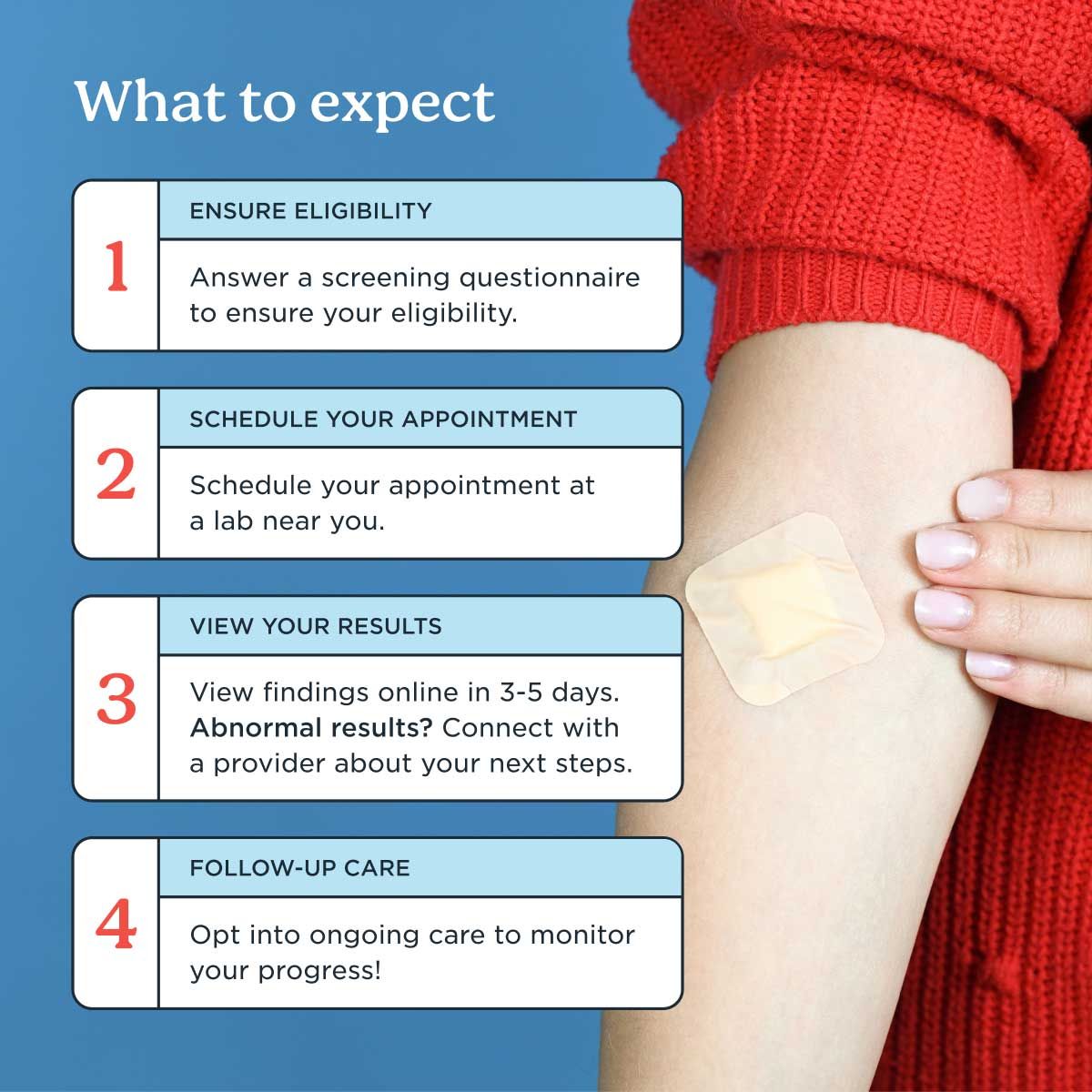 A person wearing a red sweater has the sleeve pulled up with a bandage on their arm following a blood draw