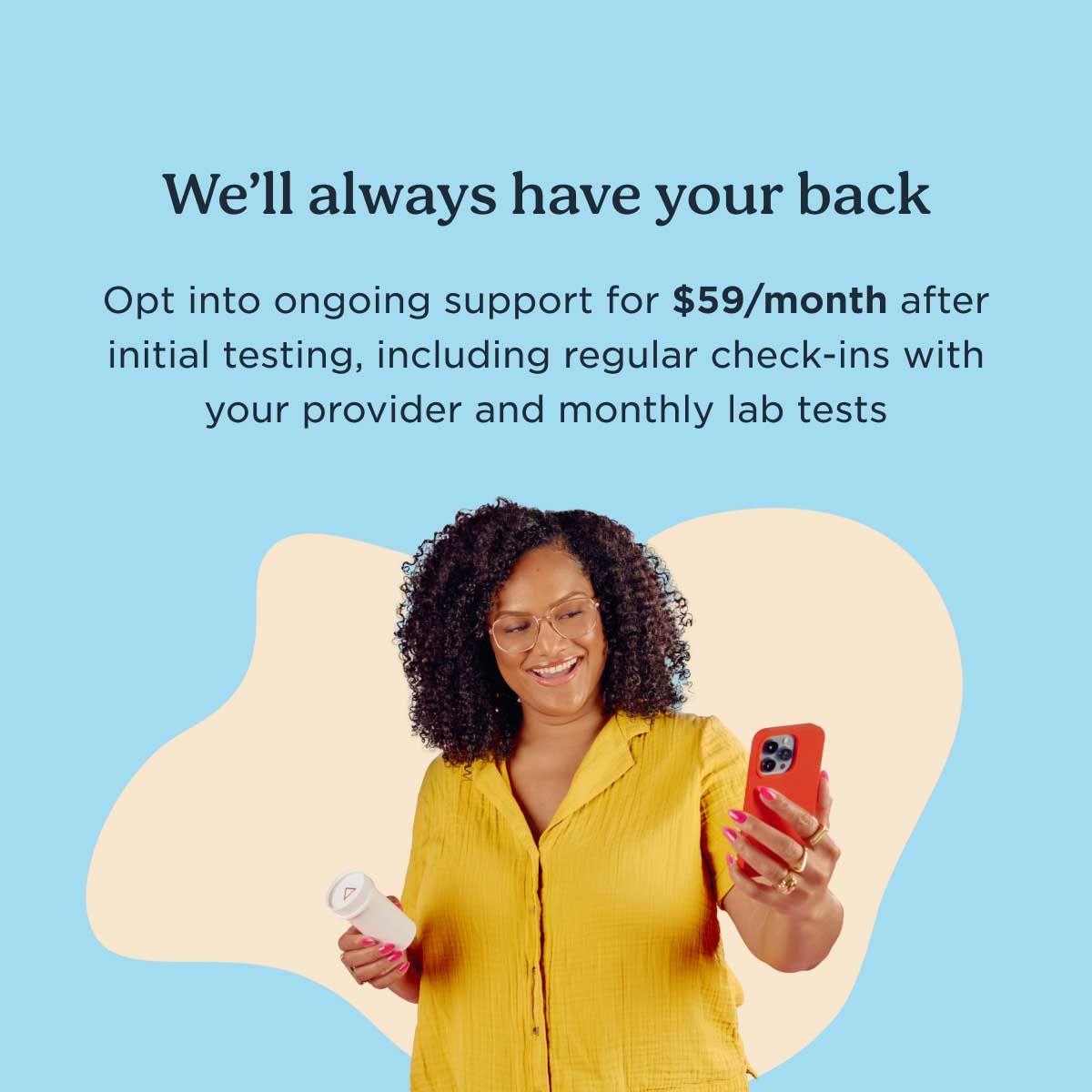 A smiling woman wearing a yellow shirt and green pants is holding a Wisp vial and a mobile phone in front of a light blue and yellow background