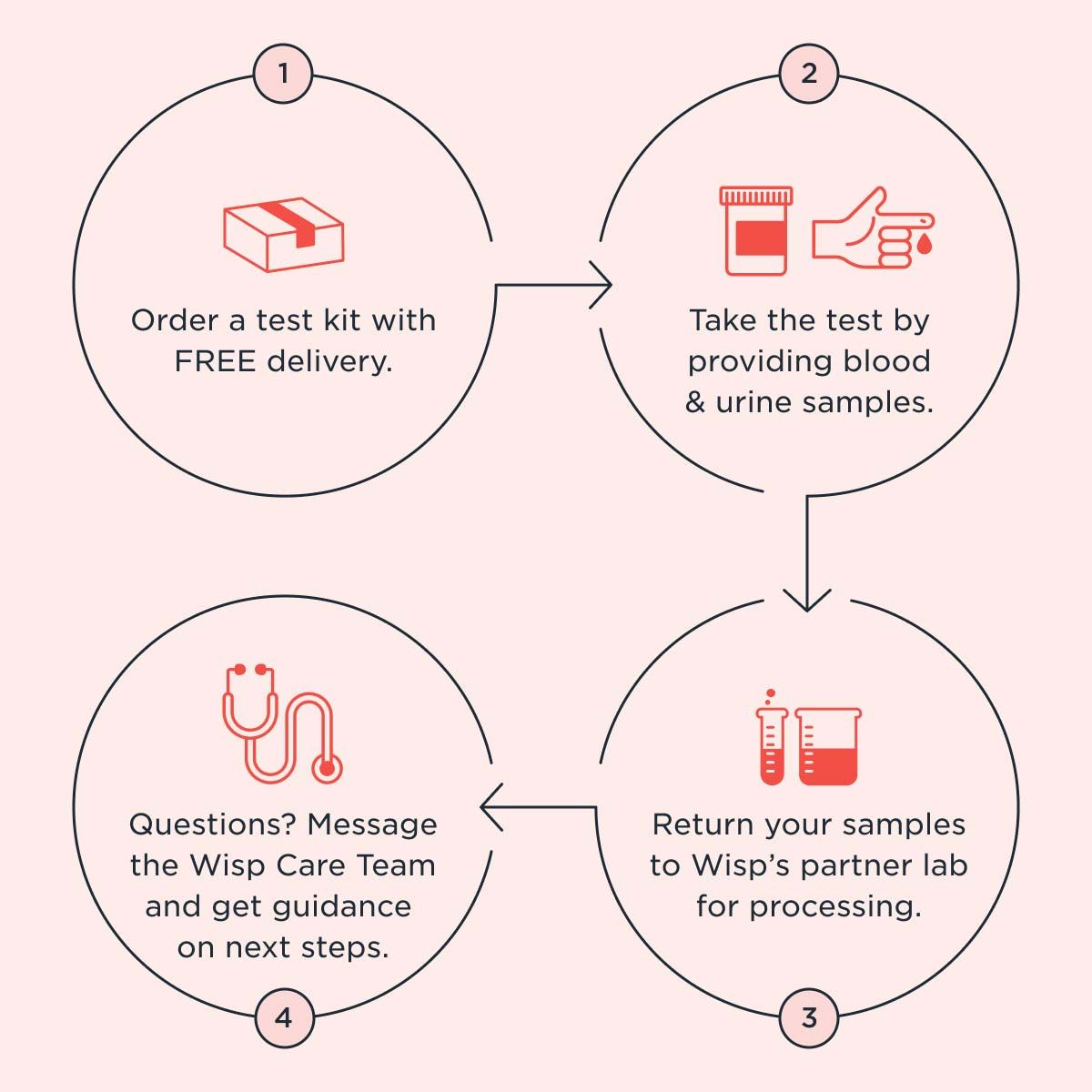 A graphic with illustrations and instructions explaining the steps in order a testing kit and submitting it for analysis