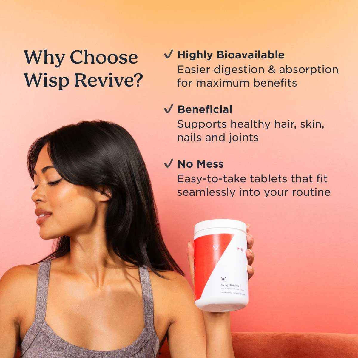 A woman wearing a gray tank top while holding a bottle of Wisp Revive Collagen Supplements with a gradient background and information about this products benefits