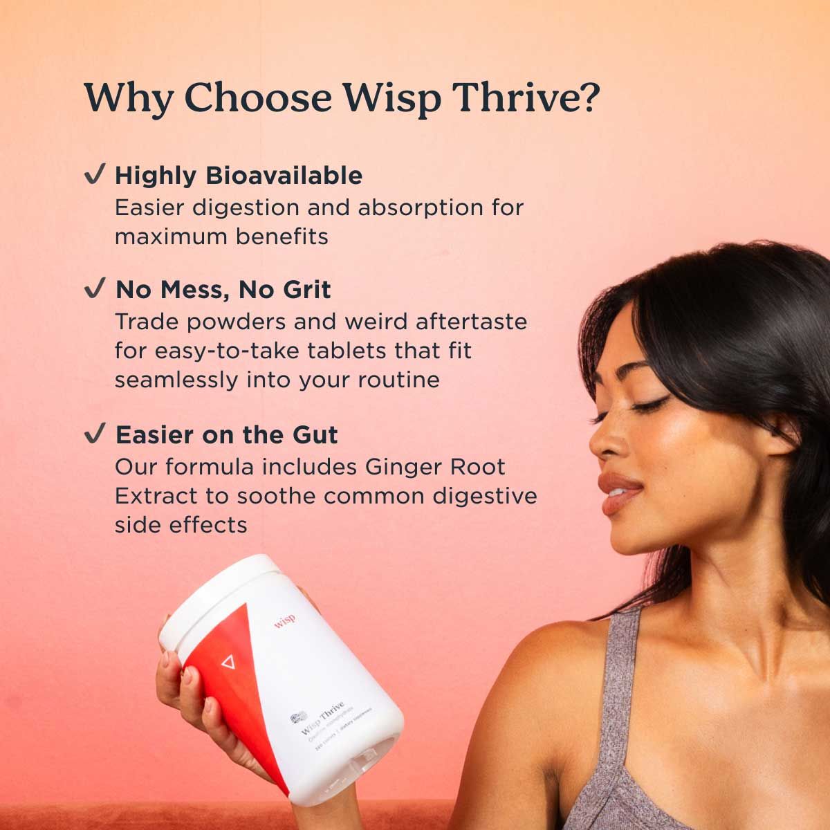 A woman wearing a gray tank top while holding a bottle of Wisp Thrive Creatine Supplements with a gradient background and information about this products benefits