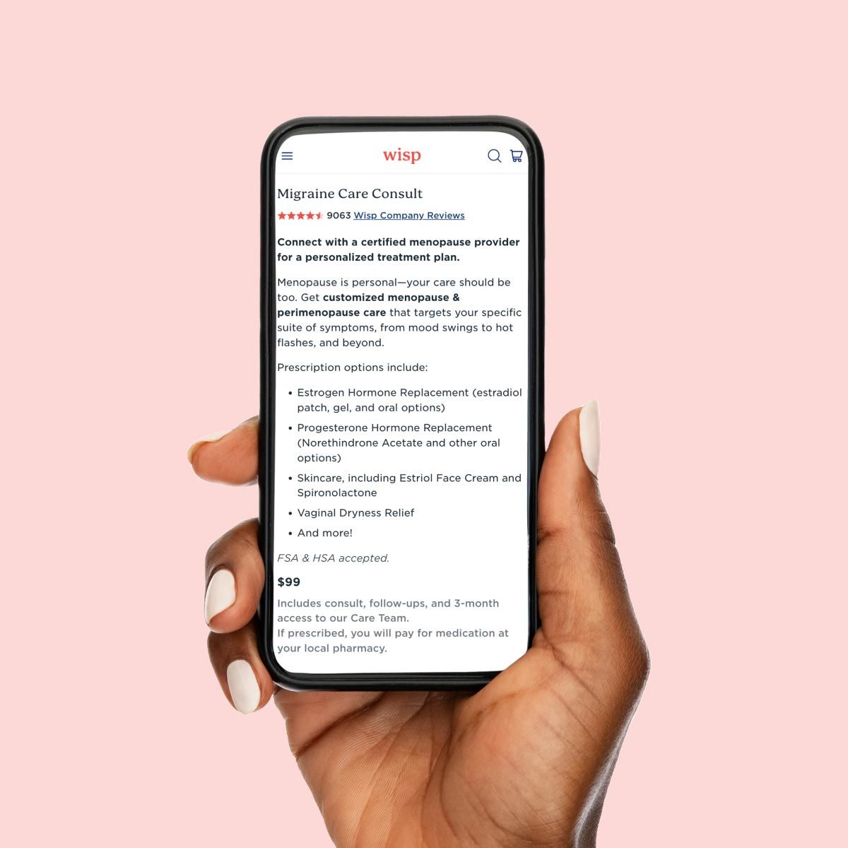 a hand holding a phone with Wisp's Migraine Care Consult on the screen, on a pink background