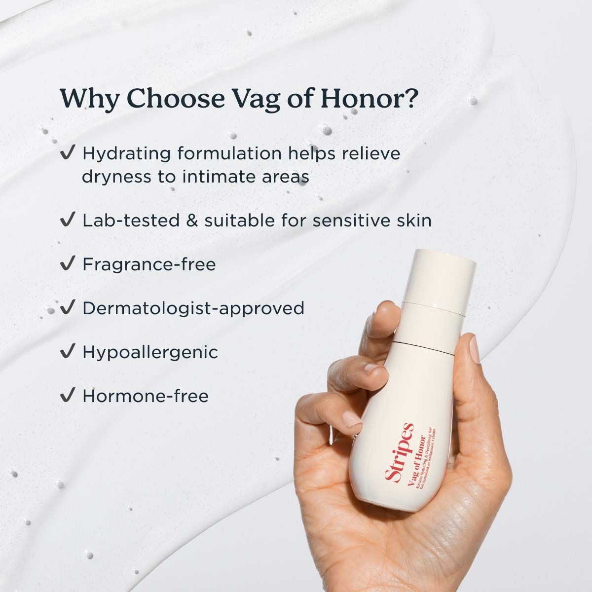 Benefits of using Vag of Honor by Stripes Beauty with a hand holding a the bottle and an image of the product texture in the background