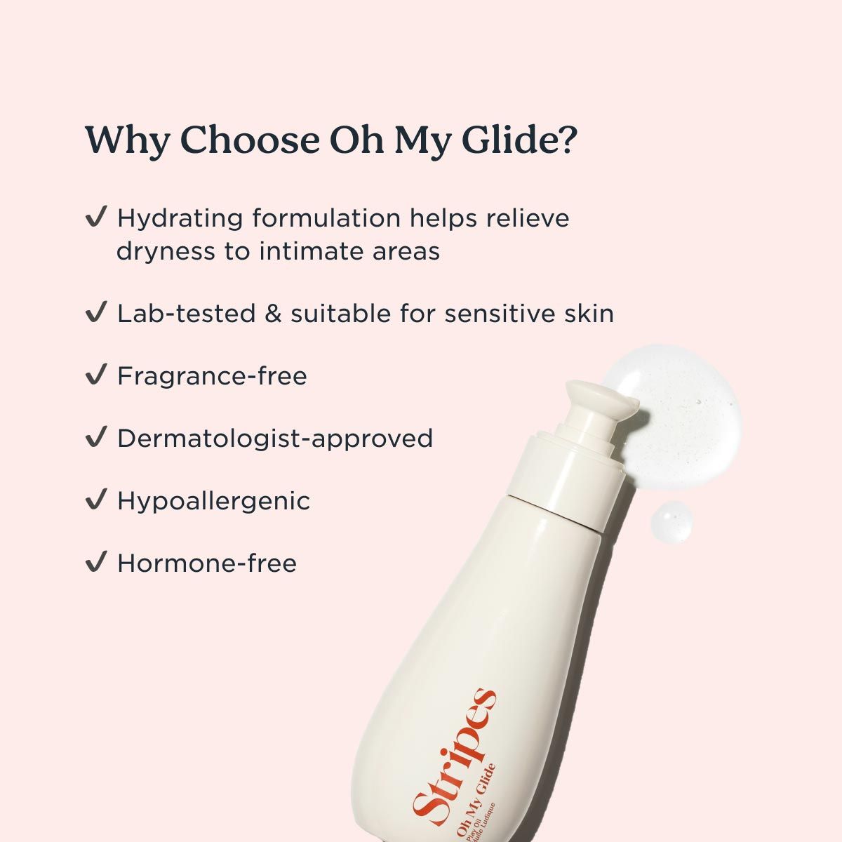 Benefits of using Oh My Glide by Stripes Beauty with an image of the bottle and a product texture swatch