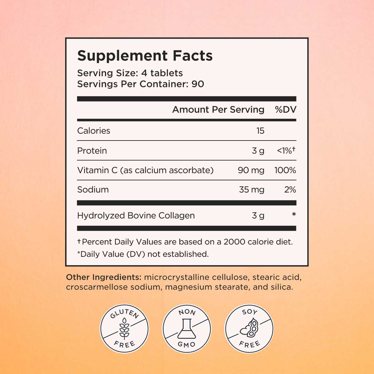 Supplement Facts for Wisp Revive Collagen Supplements with a gradient background